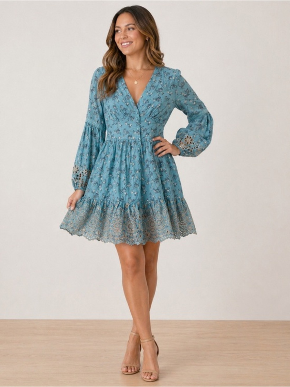 Anthropologie x A‎ Collective Story Blue Floral Embroidered Eyelet Dress- S